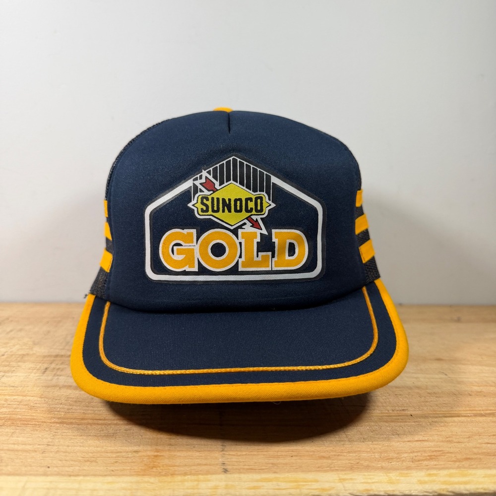 Sunoco Gold Trucker Hat OSFA Navy Vtg 3 Stripe Racing Mesh Cap Athletic Headwear